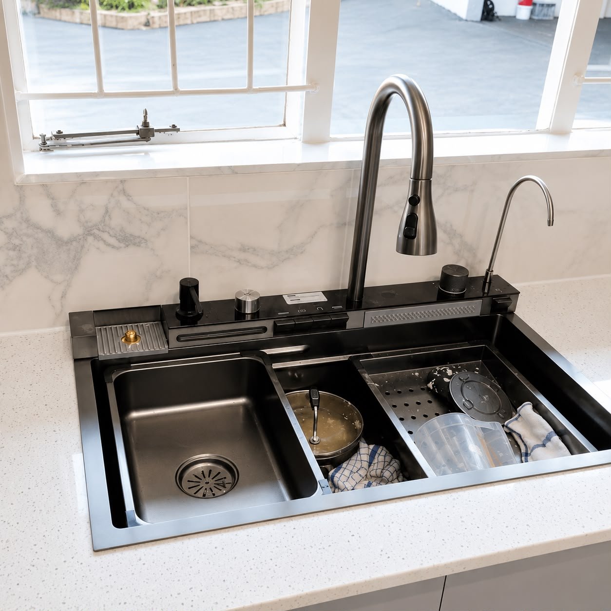 Modern kitchen tap and sink installation